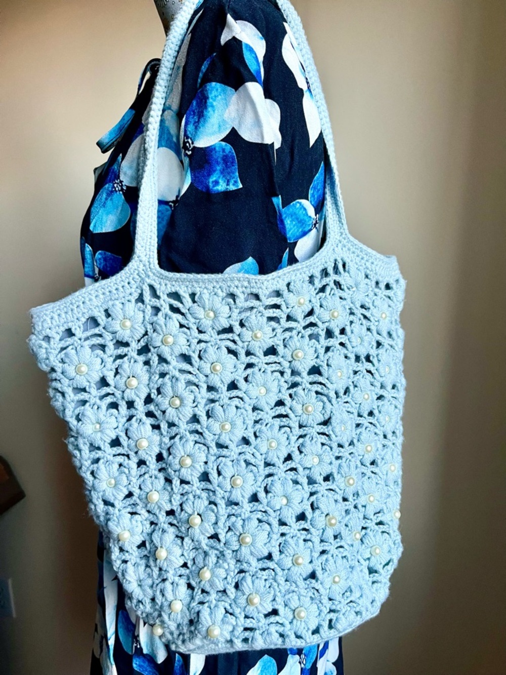 Blue Crochet Tote Bag